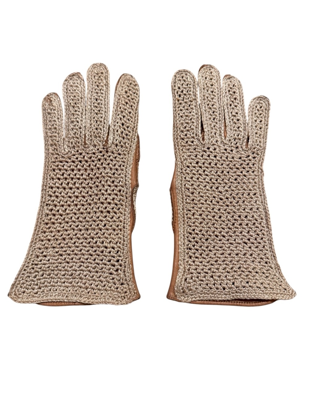 Vintage Crochet Leather Unlined Gloves Size 6.5 Italy Beige Tan Driving Riding